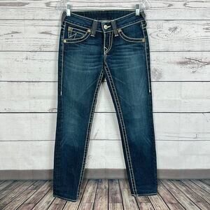 True Religion Jeans Womens 27 Blue Flap Pocket Skinny Low Rise y2k Thick Stitch